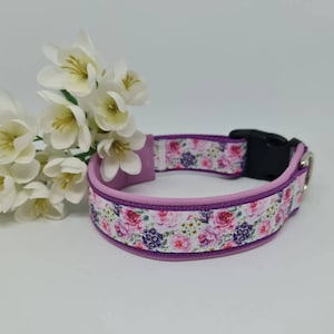 Könnte beinhalten: Ein lila Hundehalsband mit einem weißen Blumenmuster mit rosa Rosen und lila Blüten. Das Halsband hat eine schwarze Schnalle und einen silbernen D-Ring.