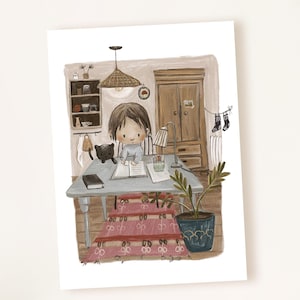 Kaart "Groeten", ansichtkaart gezellig, zomaar, kat, schrijven, gezellige woonkamer, voor jou kaart, gezellig, vintage look, DIN A6