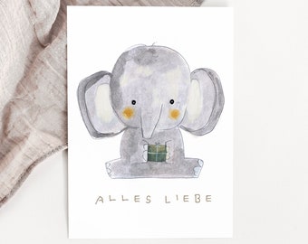 Birthday card "Elephant with gift", card for birth, congratulations card children, postcard, greeting card