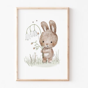 Kinderzimmer Poster, A4 A3, Kinderposter "Hase mit Blumen", Poster Babyzimmer, Kinderbild, Poster, Kinderbild, Kinderzimmer Tierbild