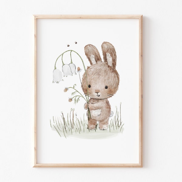 Children's room poster, A4 A3, children's poster "Bunny with flowers", poster baby room, children's picture, poster, children's picture, children's room animal picture
