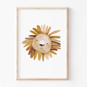 May include: A watercolor illustration of a lion's face with a brown and yellow mane. The lion has a friendly expression with a small black nose and closed eyes.