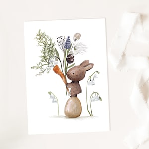 Osterkarten, Karte Ostern, Osterdeko,"Osterhase mit Ei und Blumen", Osterkarte Hase, Hase Karte Ostern, DIN A6, Osterhase Karte, Ostergruß