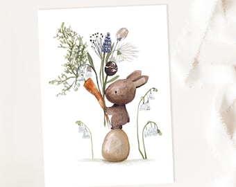 Osterkarten, Karte Ostern, Osterdeko,"Osterhase mit Ei und Blumen", Osterkarte Hase, Hase Karte Ostern, DIN A6, Osterhase Karte, Ostergruß