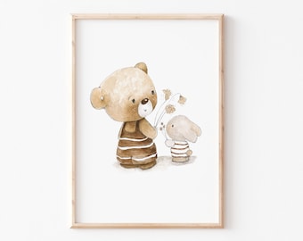 Children's picture children's poster A4 A3 "Bear and rabbit with flowers", boho poster children's room poster, sibling poster children's picture, sibling picture