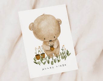 Karte "Bär im Garten",  Glückwunschkarte, Geburtstagskarte, Muttertag Karte, Vatertag Karte, DIN A6, 0.34 mm dick