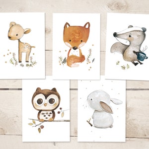 5 forest animals cards / forest animals children's pictures, invitation children's birthday, children's pictures forest animals, children's pictures, DIN A6, approx. 0.46 mm thick