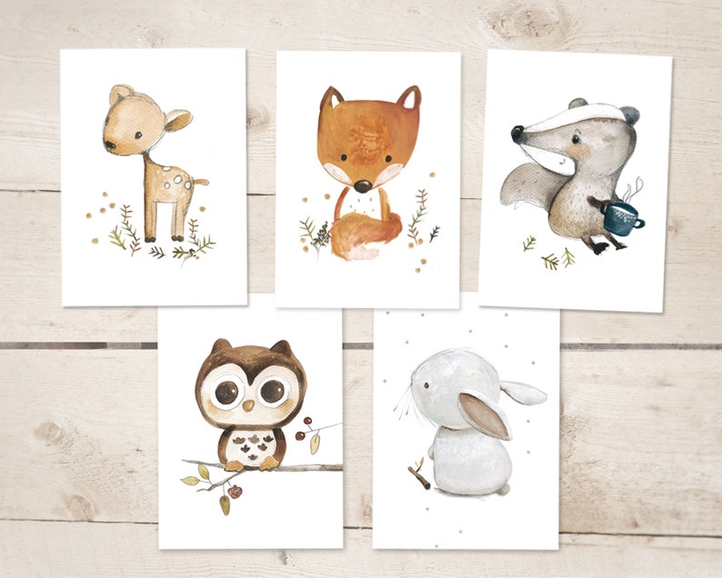 5 forest animals cards / forest animals children's pictures, invitation children's birthday, children's pictures forest animals, children's pictures, DIN A6, approx. 0.46 mm thick image 1