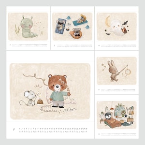May include: A watercolor illustration calendar featuring whimsical animal scenes. Each month showcases a different animal, such as a caterpillar, koalas at the beach, a ghost, a bear with a telephone, a rabbit with a lantern, and a penguin in bed. The calendar includes dates.
