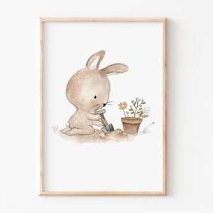 Kinderposter "Hase im Garten" A3 A4, Boho Kinderbild Kinderzimmer, DIN A4 Kinderposter, Kinderbild beige, Kinderzimmer Wanddeko, Boho Poster