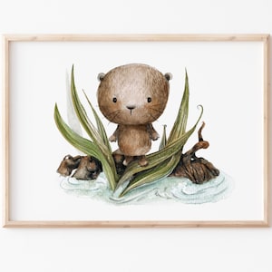 Kinderbild A4 A3 "Otter am Wasser", Poster, Tierposter, Kinderzimmer Deko, Wanddeko Kinderzimmer, Poster Kinderzimmer, Waldtiere Bilder