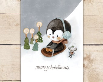 Weihnachtskarten Pinguin rodelt", Weihnachtskarte Postkarten, DIN A6, ca. 0,46 mm dick