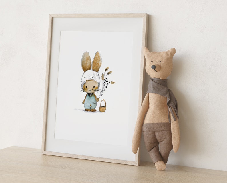 Kinderzimmer Kinderbild Hase Natur, Poster Kinderzimmer Deko, Babyzimmer Deko, beige hellblau zdjęcie 5