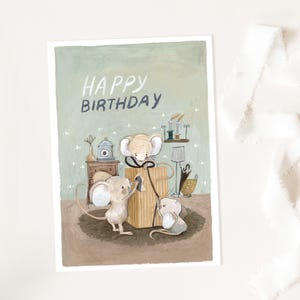 Geburtstagskarte "Happy Birthday Mäuse", Geburtstag Karte Kinder Geburtstagskarte Kind, Postkarte zum Geburtstag, gemalt DIN A6