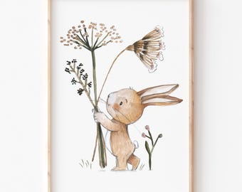 Kinderposter "Blumengrüße", Hasen Kinderzimmerbild, Kinderbild, Hasenposter, Tierbild, Blumenposter, Häschen Bild, Hase mit Blumen DIN A4 A3