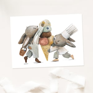Kaart "Konijntjes met ijs" Paaskaarten, kinderverjaardagskaart, verjaardagskaart, Paaskaart, ijsje eten, uitnodiging zomerijsje kaart