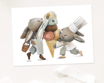 Kaart "Konijntjes met ijs" Paaskaarten, kinderverjaardagskaart, verjaardagskaart, Paaskaart, ijsje eten, uitnodiging zomerijsje kaart