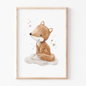Kinderbild "Fuchs mit Sternen", Kinderposter Fuchs Sternen Kinder Bild, Fuchsposter Kinder Poster, Wolke Kinderzimmer, Waldtiere A4 A3