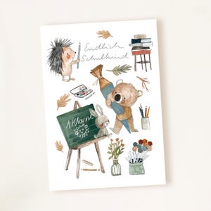 Karte zur Einschulung "Schule", Endlich Schulkind Karte Schulbeginn, Einschulungskarte, Karte Schulstart mit Tafel, Blumen, Bär, Schultüte