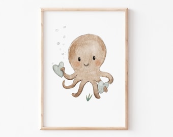 Children's poster "Octopus" A4 A3, children's picture sea, poster children's room, wall decoration, children's picture sea animals, children's poster animals, animal poster