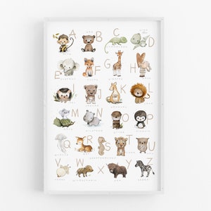 Peut inclure: Une affiche d'alphabet color&eacute;e illustrant des animaux de A &agrave; Z. Chaque animal est repr&eacute;sent&eacute; dans un style de dessin anim&eacute; mignon sur un fond brun clair. Les lettres sont dans une police d'&eacute;criture simple et manuscrite.