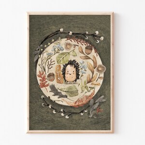 Kinderbild Kinderzimmer "Igel Herbstbild", Herbst, Boho Poster, Kinderposter, Tierbild, grün, DIN A4