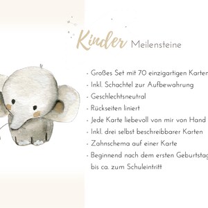 May include: A watercolor illustration of a cute elephant holding a flower. The text reads "Kinder Meilensteine" and lists features of a set of 70 milestone cards for children, including a storage box, gender-neutral design, and hand-drawn illustrations.