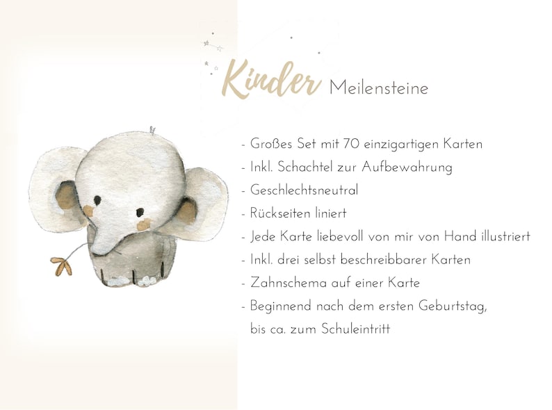 May include: A watercolor illustration of a cute elephant holding a flower. The text reads "Kinder Meilensteine" and lists features of a set of 70 milestone cards for children, including a storage box, gender-neutral design, and hand-drawn illustrations.