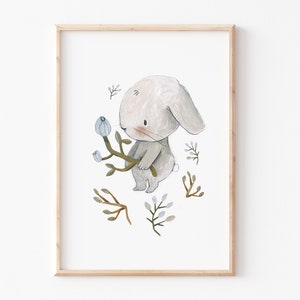 Poster Kinderbilder A4 A3 "Hase sammelt Blumen" Kinderzimmer, Kinderposter, Kinderbild hellblau weiß, Poster Kinderzimmer, Wanddeko Kinder