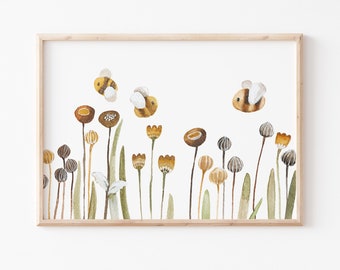 Children's picture children's poster "Bees" A3 A4, flower meadow children's room poster, children's room pictures, flowers poster, nature poster DIN A3 DIN A4