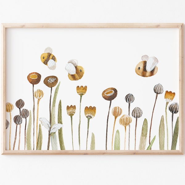 Children's picture children's poster "Bees" A3 A4, flower meadow children's room poster, children's room pictures, flowers poster, nature poster DIN A3 DIN A4