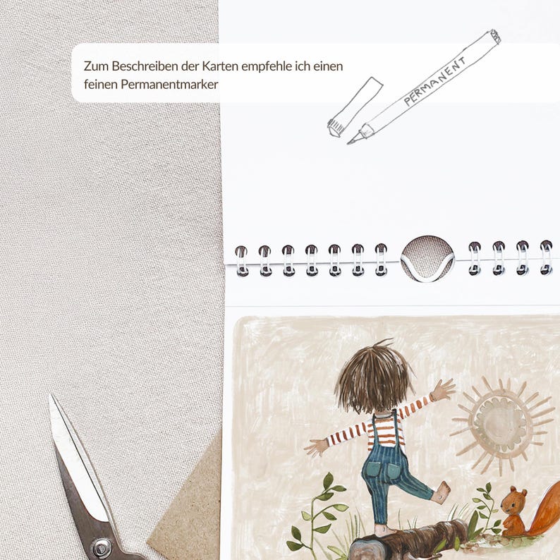 May include: A spiral-bound calendar with a watercolor illustration of a child balancing on a log. The calendar has a white background with the word "PERMANENT" and German text. A pair of scissors is visible.
