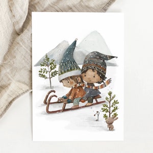 Weihnachtskarten "Kinder fahren Schlitten", Weihnachten Karte, Kinder Weihnachtskarte, Winter Karte, Schneelandschaft, ca. 0,34mm dick