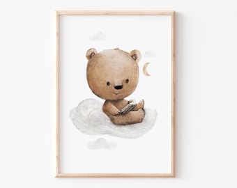 Kinderbild A4 A3 "Bär auf Wolken", Poster Bär Kinderposter, Kinderbilder Bären, Kinderzimmer Bilder, Kinderzimmer Deko, Kinderposter Wolken