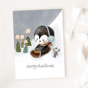 Weihnachtskarten "Pinguin rodelt", Weihnachtskarte Postkarten Kinder, Schlitten DIN A6, ca. 0,46 mm dick