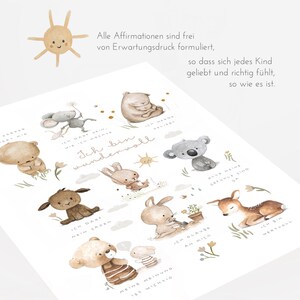 May include: A white poster featuring watercolor illustrations of various animals including a mouse, bears, a koala, a rabbit, a lamb, and a deer. The text includes "Ich bin wundervoll" and "Alle Affirmationen sind frei von Erwartungsdruck formuliert".