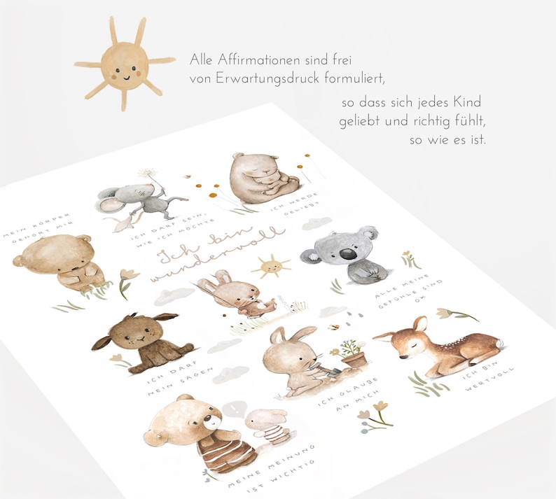 May include: A white poster featuring watercolor illustrations of various animals including a mouse, bears, a koala, a rabbit, a lamb, and a deer. The text includes "Ich bin wundervoll" and "Alle Affirmationen sind frei von Erwartungsdruck formuliert".