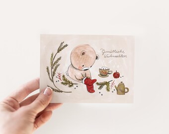 Christmas cards "Christmas bear", children's Christmas cards, Christmas mail, cozy Christmas card with tea, stockings, fir branches