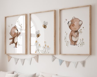 3er Posterset Kinderzimmer, Kinderposter Bienen Blumen Bären, Frühling Sommer Bilderset, Kinderzimmerbilder Babyzimmer Tierposter, A4 A3 A2