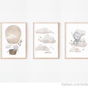 3er Katzen Posterset Heißluftballon Kinderzimmer, Kinderzimmerbilder Ich werde geliebt, Wolken Katze Himmel Kinderposter Bilderset, A4 A3