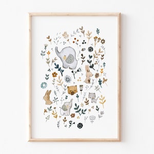 Kinderbild A4 A3 "Tiere und Blumen", Kinderposter, Kinderzimmer Poster, Kinderzimmerbild, Kinderbilder, Kinderbild Blumen, Babyzimmer Poster