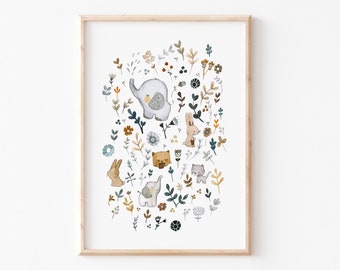 Kinderbild A4 A3 "Tiere und Blumen", Kinderposter, Kinderzimmer Poster, Kinderzimmerbild, Kinderbilder, Kinderbild Blumen, Babyzimmer Poster