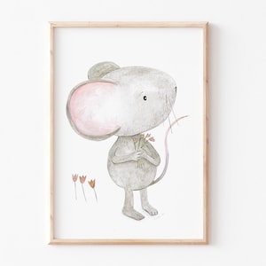 Original illustration &quot;Mouse with flowers&quot;, children&#39;s room artwork, children&#39;s poster, children&#39;s painting, original picture, children&#39;s picture painting, pink grey