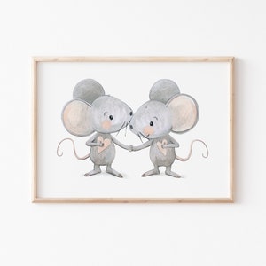 Kinderposter "Mäuse mit Herzen" A3 A4,  Kuss Poster, Geschwisterbild Kinderbild Liebe, Maus grau rosa weiß, Geschwisterposter DIN A3 DIN A4