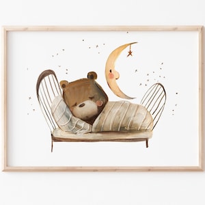 Kinderbild Poster Kinderzimmer"Bär im Bett", A3 A4 Kinderposter Kinderzimmer Bilder, Deko, Bärenbild, Kinderzimmerposter DIN A3 DIN A4