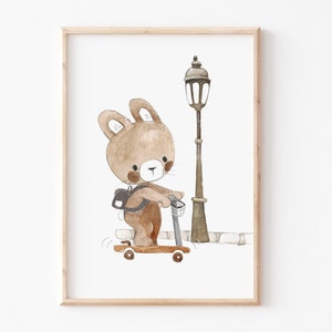 Kinderbild "Hase mit Roller" A4 A3 Kinderposter, Poster, Tier-Print, Kinderzimmer Bilder, Hasen Kinder Poster, Kinderzimmerposter, Bild Kind