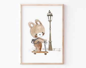 Kinderbild "Hase mit Roller" A4 A3 Kinderposter, Poster, Tier-Print, Kinderzimmer Bilder, Hasen Kinder Poster, Kinderzimmerposter, Bild Kind