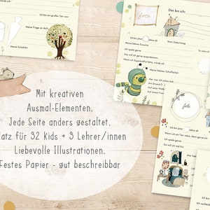 Może przedstawiać: Kolorowa książka ilustrowana z tekstem "Mit kreativen Ausmal-Elementen. Jede Seite anders gestaltet. Platz f&uuml;r 32 Kids + 3 Lehrer/innen Liebevolle Illustrationen. Festes Papier - gut beschreibbar" na okładce. Książka zawiera r&oacute;żne ilustracje, w tym wiewi&oacute;rkę, gąsienicę, żyrafę i dom.