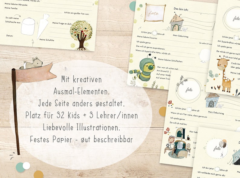 Może przedstawiać: Kolorowa książka ilustrowana z tekstem "Mit kreativen Ausmal-Elementen. Jede Seite anders gestaltet. Platz f&uuml;r 32 Kids + 3 Lehrer/innen Liebevolle Illustrationen. Festes Papier - gut beschreibbar" na okładce. Książka zawiera r&oacute;żne ilustracje, w tym wiewi&oacute;rkę, gąsienicę, żyrafę i dom.