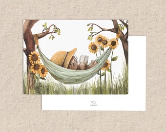 Card "bear in hammock", retirement card, card for pension, retirement, reading, sunflowers greeting card 0.34 mm thick